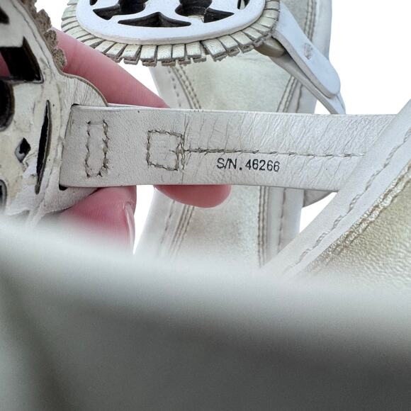 TORY BURCH Metallic Gold Cream Fringe Miller Logo Sandals Flip Flops Size 6.5 - Picture 11 of 12